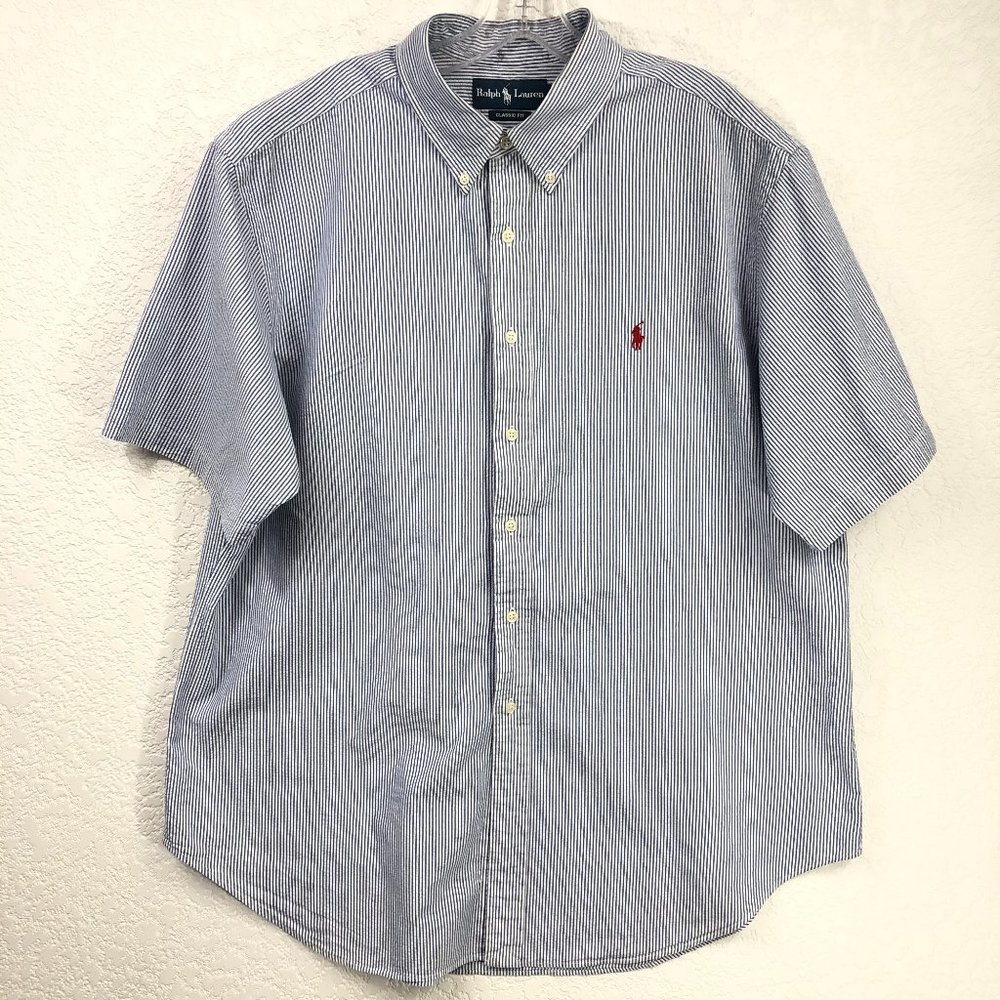 Ralph Lauren Blue and White Striped Button Up Short Sleeve Shirt